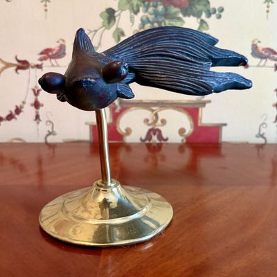Carved Patinated Wood Telescope Eye Goldfish Sculpture on Brass Stand