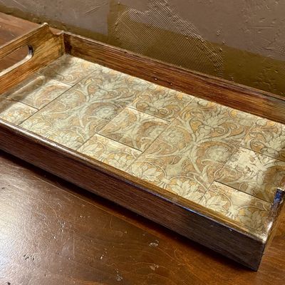 Rectangular Wooden Serving Tray with Mirrored Glass Damask Patterned Inset