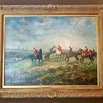 Large Equestrian Oil on Canvas Fox Hunting Scene in Gilded Frame