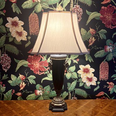 Large Neoclassical Style Black Ceramic and Cast Metal Ram Head Urn Table Lamp