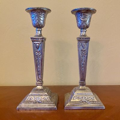 A Pair of Indian Neoclassical Style Silver Plated Weighted Candlesticks