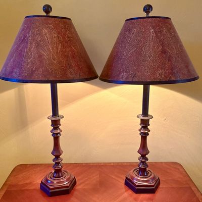 A Pair of Turned Wood and Metal Buffet Table Lamps with Paisley Shades