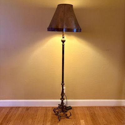 Cast Metal Floor Lamp with Embossed Leather Shade