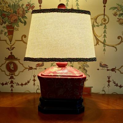 Chinoiserie Red Lacquer Style Table Lamp with Crane Decoration and Fabric Shade