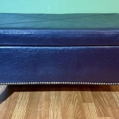 Navy Blue Faux Leather Storage Ottoman Bench with Nailhead Trim