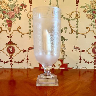 Large Neoclassical Acid Etched Glass Hurricane Vase with Greek Key Border