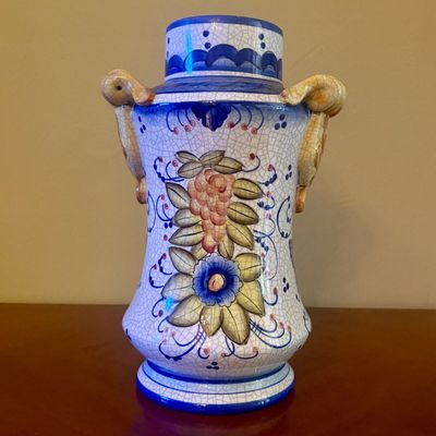 Large Hand-Painted Majolica Style Earthenware Vase with Fruit and Floral Decoration