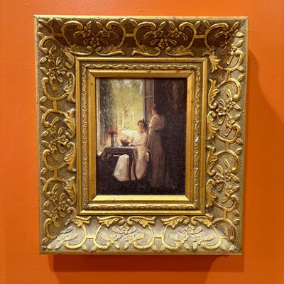 Continental School Interior Scene Oil Style Painting on Board in Ornate Gilt Frame