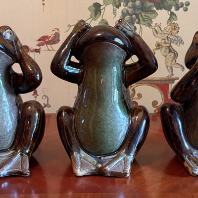Trio of Large American Two Tone Drip Glaze Ceramic Frog Figurines