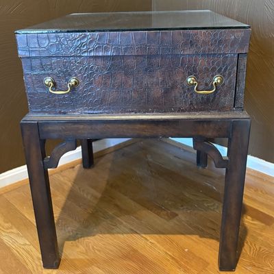 Contemporary Mahogany Finished Campaign Style Side Table with Crocodile Embossed Cladding and Glass Top