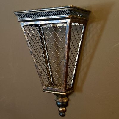 Tapered Bronze and Gilt Finished Metal Trellis Wall Bracket Sconce