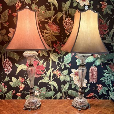 Pair of Hollywood Regency Style Fluted Glass and Patinated Metal Table Lamps