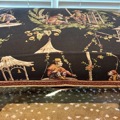 Victorian Style Upholstered Ottoman with Chinoiserie Toile and Turned Wood Legs