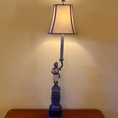 Large Polychrome Metal Blackamoor Figure Table Lamp on Marble Base