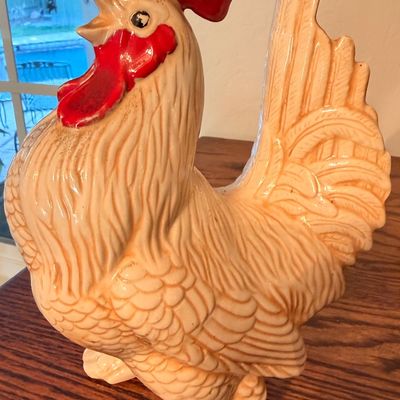 Sale Photo Thumbnail #89: Vintage ceramic rooster figurine with off-white textured feathers and bright red comb and wattle.