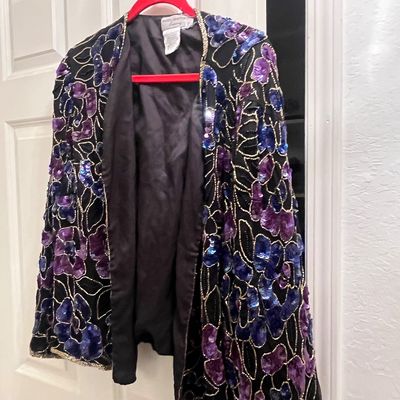 Vintage Papell Boutique Evening open-front jacket featuring intricate gold beaded outlines and purple floral sequin embellishments on...