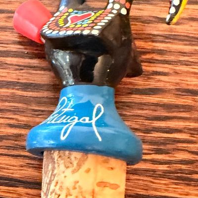Sale Photo Thumbnail #69: Hand-painted Portuguese rooster bottle stopper with cork base and poured spout.