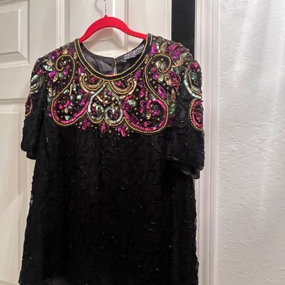 Vintage 1980s Royal Feelings black evening blouse featuring intricate beaded and sequined scrollwork in magenta, gold, and turquoise hues.