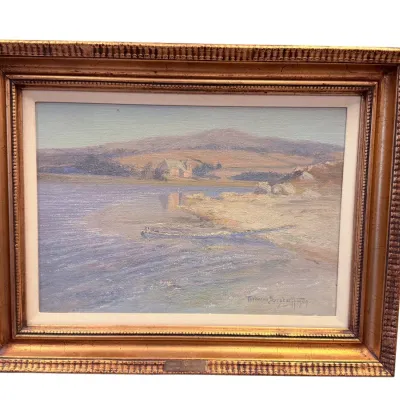 Sale Photo Thumbnail #17: Impressionist oil painting depicting a coastal landscape with a small house, signed by Ferdinand Burgdorff, housed in an ornate gilt wood frame.