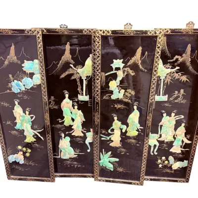 Sale Photo Thumbnail #38: Four-panel Chinese black lacquer wall screen featuring mother-of-pearl inlay depicting geishas in a garden landscape.