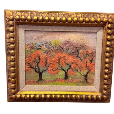 Sale Photo Thumbnail #9: Textured oil painting of an autumn landscape with orange trees and a house, signed by Joyce Wade, housed in an ornate gold-gilded frame with a linen liner.