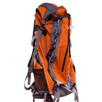 Sale Photo Thumbnail #57: Hi-Tec orange and grey internal frame backpacking pack, featuring multiple compression straps, gear loops, and mesh side pockets.