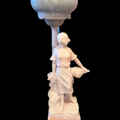 Sale Photo Thumbnail #7: Antique Art Deco carved alabaster figural lamp depicting a woman with a basket of grapes, featuring a matching dome shade with etched details.
