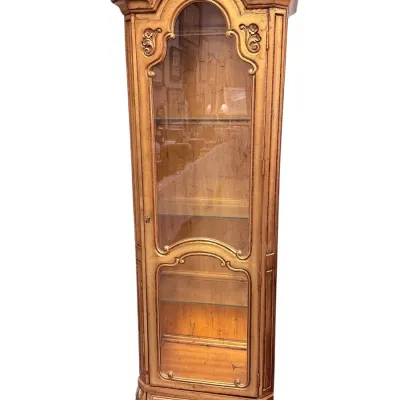 Sale Photo Thumbnail #37: Italian Baroque-style curio cabinet with a gilded finish, featuring an arched glass door, interior glass shelves, and a single bottom drawer.