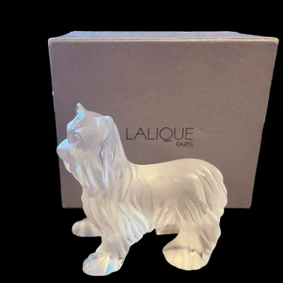 Sale Photo Thumbnail #5: Lalique frosted crystal Yorkshire Terrier figurine, shown in excellent condition with its original grey presentation box.