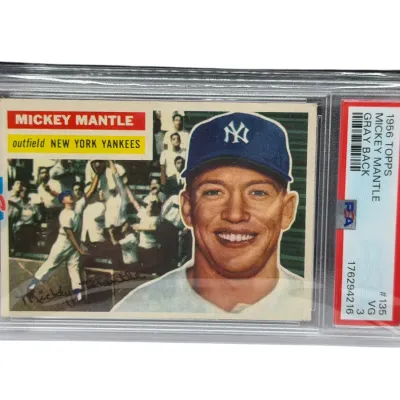 Sale Photo Thumbnail #59: 1956 Topps Mickey Mantle #135 baseball card, gray back variation, graded PSA 3 VG.