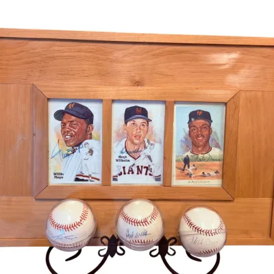 Sale Photo Thumbnail #15: Framed baseball memorabilia display featuring Willie Mays, Hoyt Wilhelm, and Monte Irvin, including three autographed baseballs in protective cases and corresponding vintage-style player cards.