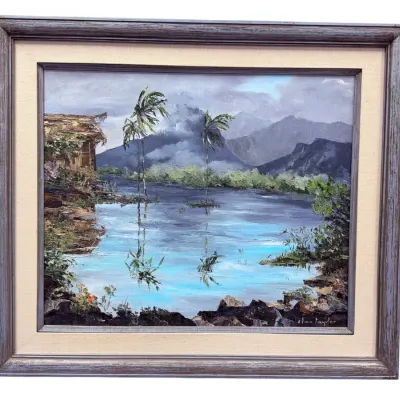 Sale Photo Thumbnail #19: Original oil painting by Elma Taylor depicting a tropical landscape with a thatched hut, palm trees, and mountains, housed in a rustic wooden frame with a linen liner.