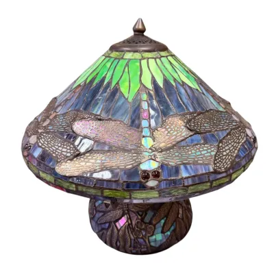 Sale Photo Thumbnail #28: Tiffany-style stained glass dragonfly lamp featuring a mushroom-shaped shade and matching mosaic base in shades of blue, green, and purple.