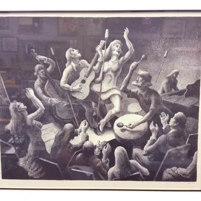 Sale Photo Thumbnail #26: Thomas Hart Benton lithograph titled "The Music Festival" or similar musical scene, depicting a lively band and audience, signed in the plate and pencil-signed in the lower margin, framed under glass.