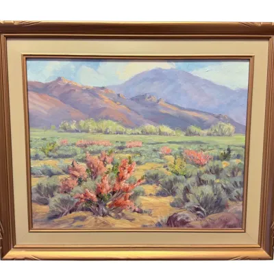 Sale Photo Thumbnail #10: Original desert landscape oil painting by Virginia Davis Harsh, depicting blooming desert flora with mountains in the background, housed in a gilded wood frame.
