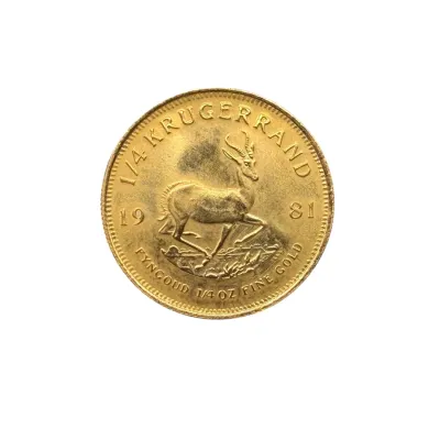 Sale Photo Thumbnail #62: South African 1981 1/4 oz Krugerrand gold coin, featuring the springbok antelope on the reverse.