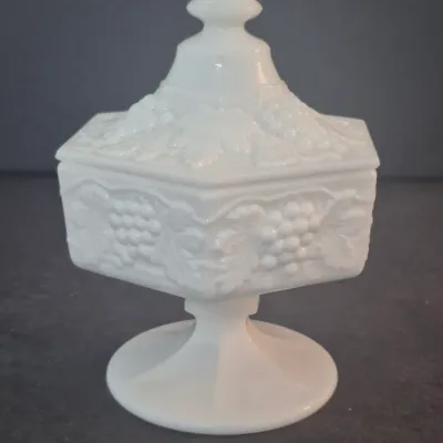 Vintage MCM Imperial Glass Ohio "Vintage Grape Milk Glass" Footed Candy Dish & Lid