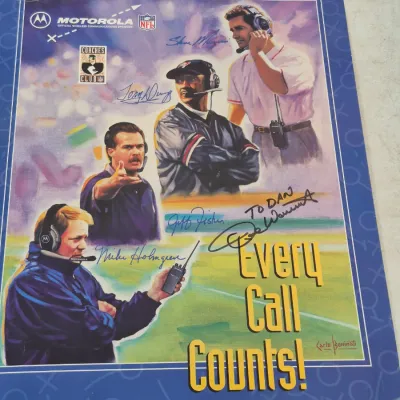 Autographed Motorola NFL Coaches Club poster titled "Every Call Counts!" featuring illustrations of Mike Holmgren, Tony Dungy,...