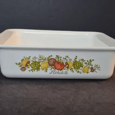 Vintage Corning Ware Spice O' Life "L'Echalote" rectangular baking dish, featuring the classic vegetable motif and...