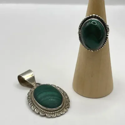 Malachite Sterling Silver Pendant and Ring (Size 5.5)