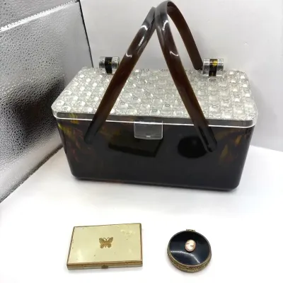 1950's Tortoise Shell Box Purse, Cameo and Lucreta Compacts 