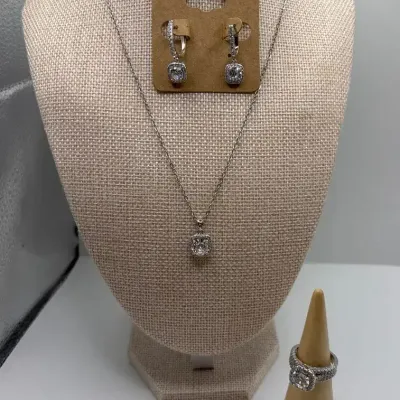 Rhinestone Costume Jewelry- Necklace 17", Earrings and Ring (Size 7)