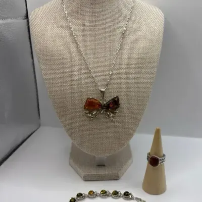 Amber & Sterling Silver Jewelry- Necklace 16", Bracelet 7" and Ring (Size 7)
