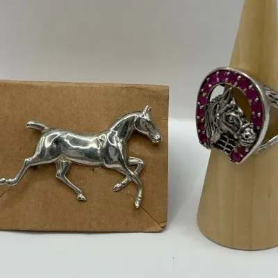 Ruby Sterling Silver Horseshoe Ring (Size 8) and SS Horse Pin 