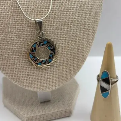Onyx/Turquoise Aztec Sterling Silver Necklace 18" and Onyx/Turq/Mother-of-Pearl Inlay Ring (Sz 5)