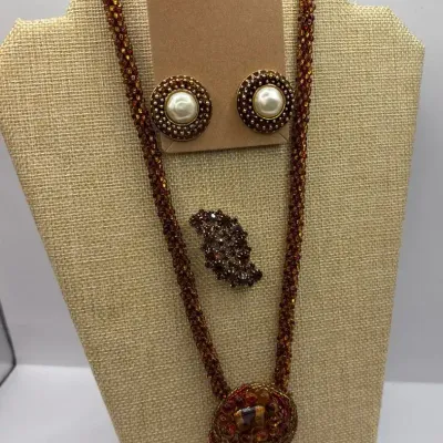 Costume Pieces- Heavy Hand Beaded Necklace, Carlisle Clip-ons and Brooch 