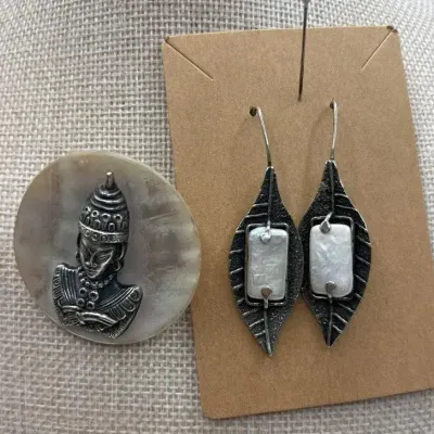 Mother-of-Pearl Goddess Pin and Pearl Leaf Dangle Earrings 