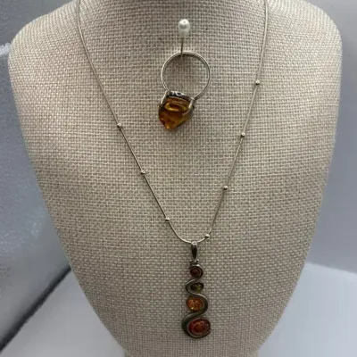 Amber Sterling Silver Necklace 16" and Ring (Size 9)