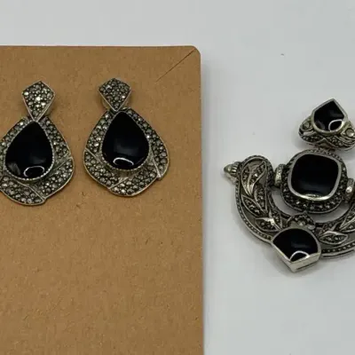 Onyx/Marcasite Sterling Silver Pendant and Earrings 