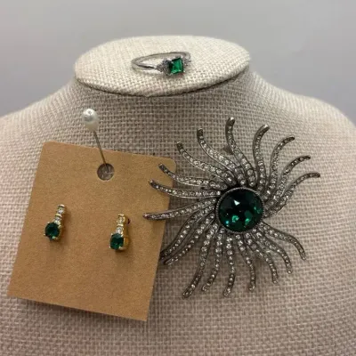 Green Rhinestone Brooch, Earrings and Ring (size 9)